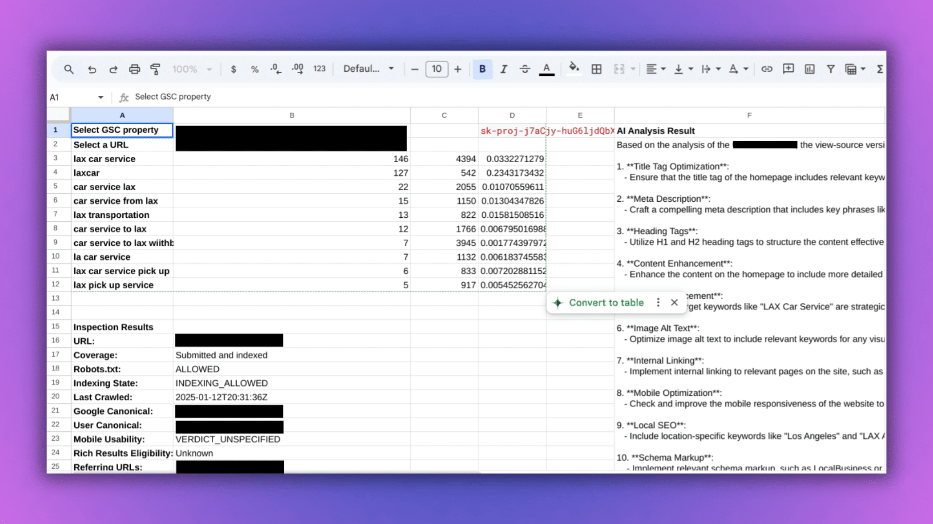 Automate SEO analysis with Google Sheets, GSC & ChatGPT API